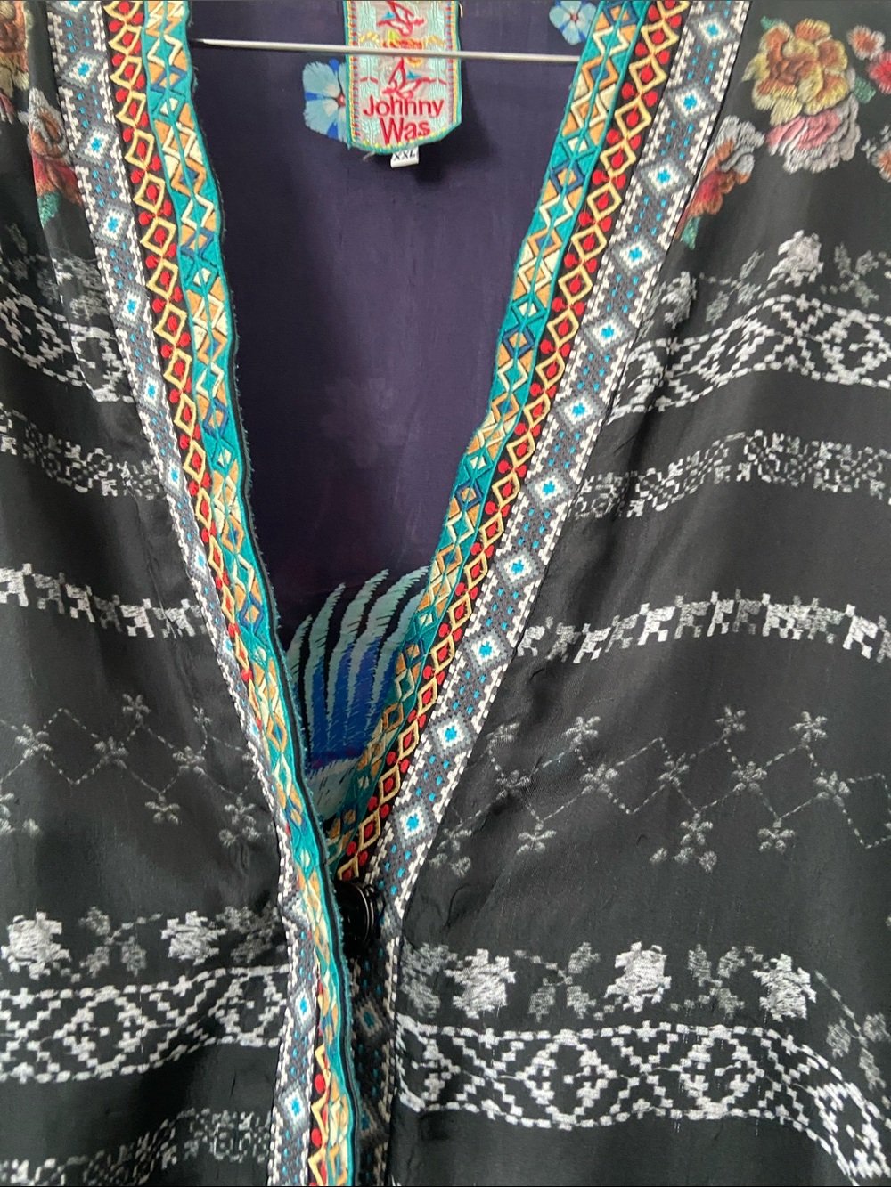 Johnny Was Floral & Crane Kimono Black - Navy with Multicolored/Silk - Picture 10 of 12